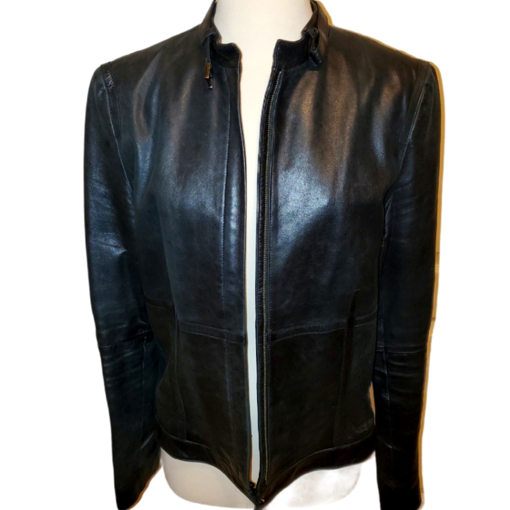 VINTAGE moda international * motorcycle black leather jacket SIZE LARGE